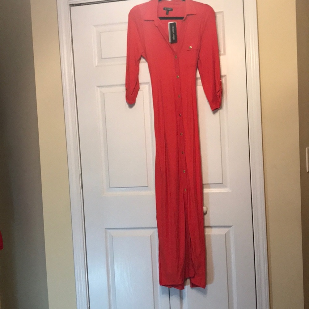 NWT Allison Britney medium size, very long red-orange dress with belt tie.